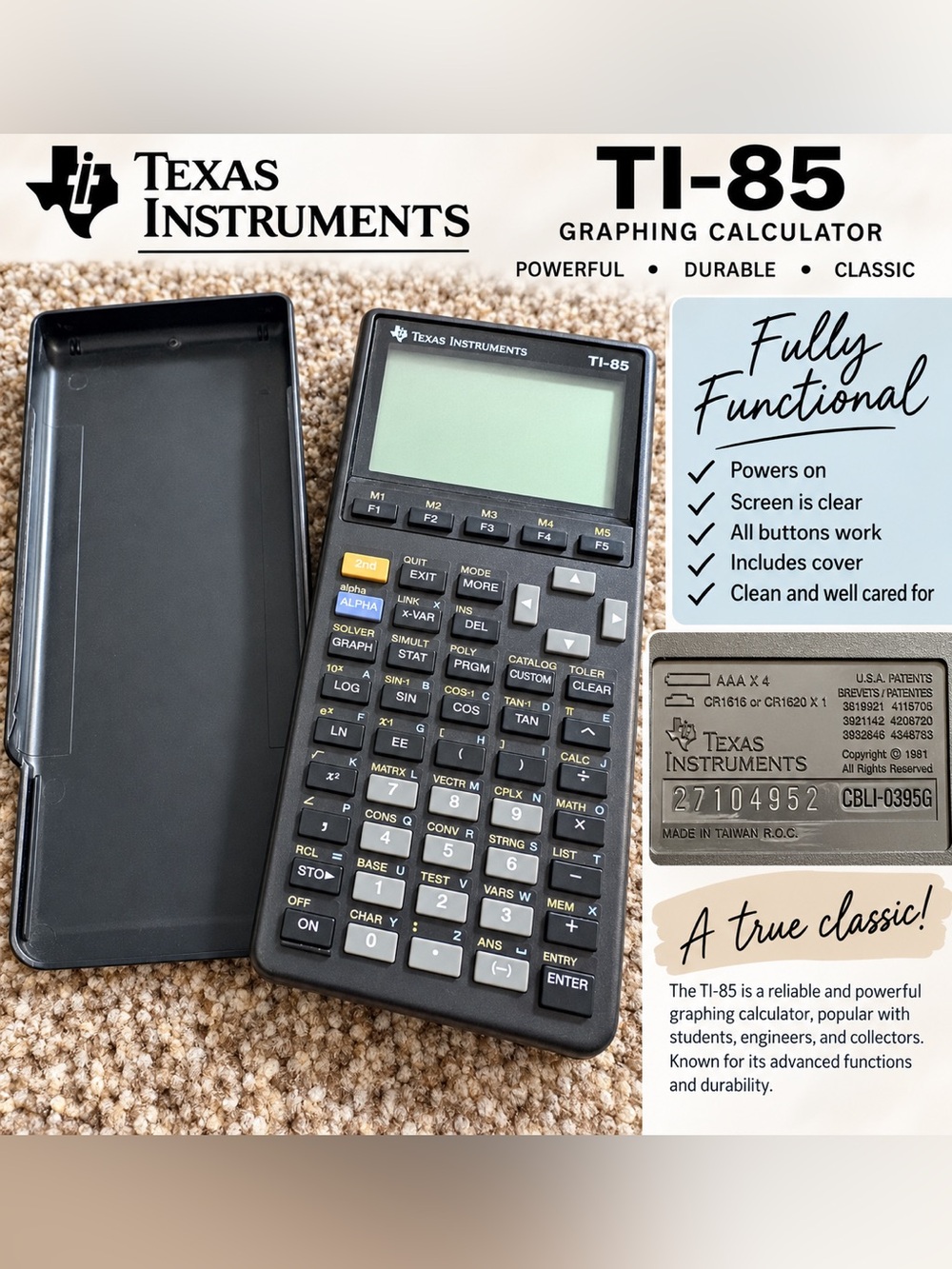 Texas Instruments TI-85 Graphing Calculator in black and gray